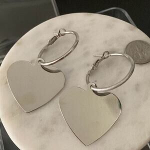 4/$12 - Silver Heart Hoop Earrings - Polished Heart Dangle